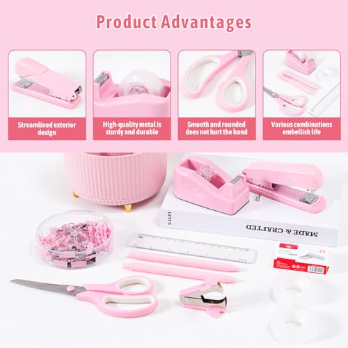 Gawsey Pink Desk Organizers and Accessories with Desk Organizer 360° Rotating Pen Holder and Office Supplies, Cute Stationery Supplies Set