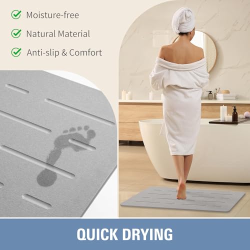 Large Stone Bath Mat, 32"x 20" Diatomaceous Earth Bath Mat for Bathroom Quick Drying Absorbing, Long Non-Slip Diatomite Hard Stone Shower Mat Instant Dry(Light Grey)