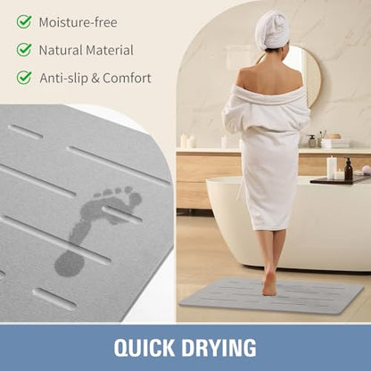 Large Stone Bath Mat, 32"x 20" Diatomaceous Earth Bath Mat for Bathroom Quick Drying Absorbing, Long Non-Slip Diatomite Hard Stone Shower Mat Instant Dry(Light Grey)