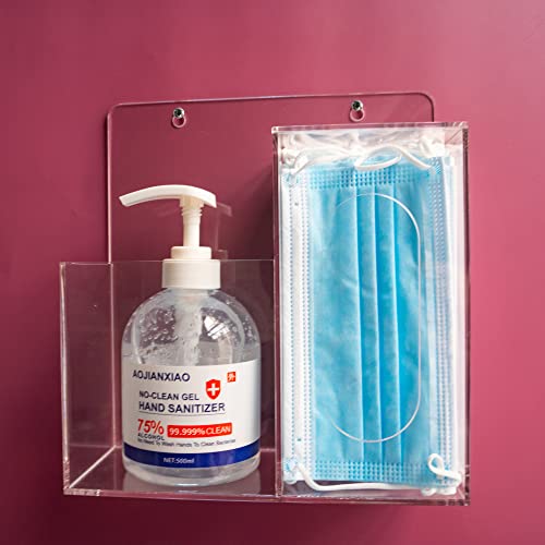 Mask Dispenser and Hand Sanitizer Acrylic Mask Storage Box Holder Stand Wall Mount or Countertop，Hygiene Station with 2 Compartment Clear Box for Home，Office，Car
