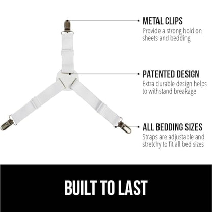 GORILLA GRIP Patented Bed Sheet Holders, Adjustable Elastic Fasteners with Metal Clips, Keep in Place Fitted Bedding Straps, Firm Tight Suspenders for Mattress, US Designed, 4 Pack White