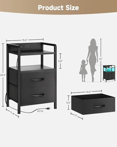 Nightstand with Rear Charging Station, LED Light, 2 Drawers, Black | Industrial Nightstand, 2 USB-A Ports & AC Outlets, Raised Back Guard, Fabric Storage Drawers, Bedside Table for Bedroom, Dorm