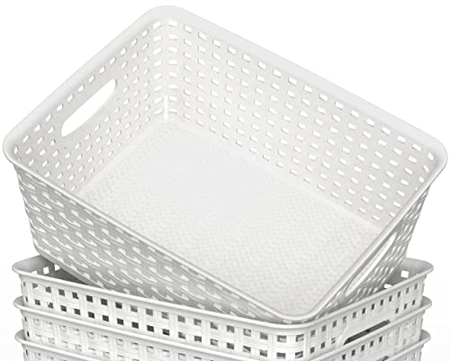 WYT Woven Plastic Storage Baskets, 6 Pack White Weave Bins Organizer, 10.1" x 7.55" x 4.1"