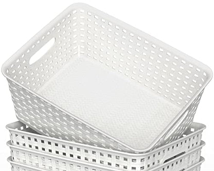 WYT Woven Plastic Storage Baskets, 6 Pack White Weave Bins Organizer, 10.1" x 7.55" x 4.1"