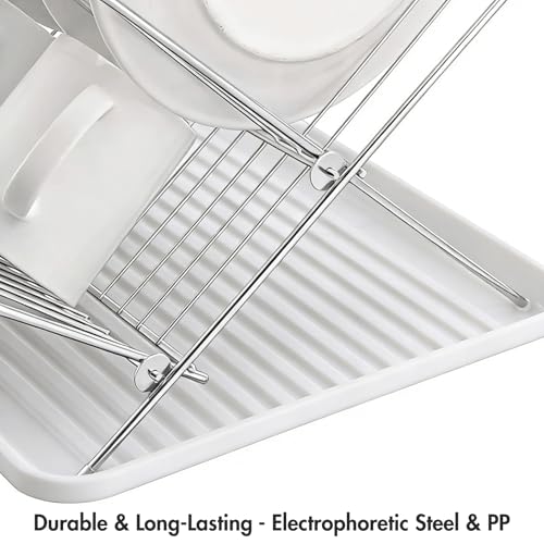 Foldable Dish Drying Rack with Drip Tray, Stainless Steel 2 Tier Dish Drainer Rack, Collapsible Dish Drainer, Folding Dish Rack for Kitchen Sink, Countertop, Cutlery, Plates, Dishes