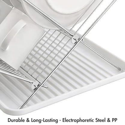 Foldable Dish Drying Rack with Drip Tray, Stainless Steel 2 Tier Dish Drainer Rack, Collapsible Dish Drainer, Folding Dish Rack for Kitchen Sink, Countertop, Cutlery, Plates, Dishes
