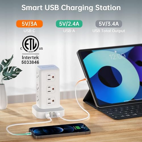Power Strip with 12 Outlets 4 USB (1 USB C), 6.5Feet Extension Cord with Multiple Outlets, Charging Station, Power Strip Tower, Home Office Desk Supplies