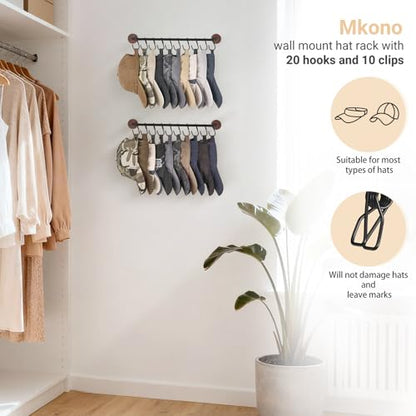 Mkono Hat Organizer, Metal Hat Rack for Wall Storage with 20 Hooks Set of 2 | Hanger for 20 Caps, Adjustable Hooks Design, Holder Baseball Caps Scarves Coats Belts, Closet Door Bedroom Entryroom Laundry