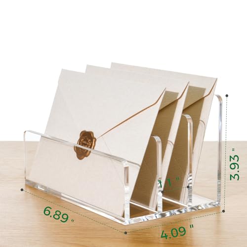 3 Compartments Clear Acrylic Mail Holder – Vertical Letter Sorter & Multifunction Desk Organizer for Bills, Documents, Notebooks – Modern Office/Home Envelope File Rack