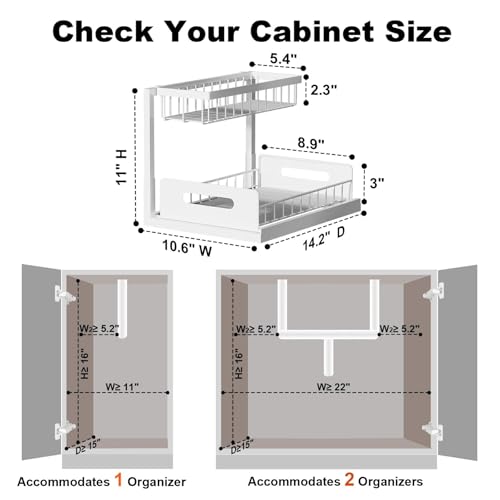 Under Sink Organizer, L-Shaped 2 Tier Pull Out Cabinet Organizer | Slide Out Under Cabinet Storage, For Kitchen and Bathroom, Metal Under Sink Storage with Sliding Drawer, 50 lbs, White 2 Pack