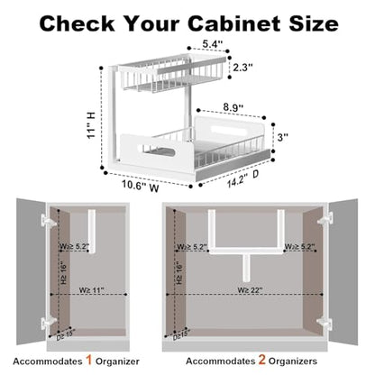 Under Sink Organizer, L-Shaped 2 Tier Pull Out Cabinet Organizer | Slide Out Under Cabinet Storage, For Kitchen and Bathroom, Metal Under Sink Storage with Sliding Drawer, 50 lbs, White 2 Pack