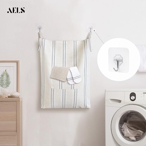 Farmhouse Hanging Laundry Hamper with 2 Hooks, Boho Beige & Blue Stripes Laundry Bag with Zipper & Wide Open Top, Over the Door Organizer for Dirty Clothes, Washable Space Saving Storage
