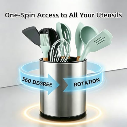 Kitchen Utensil Holder,Extra Large 360°Rotating For Countertop Organizer | Stainless Steel Storage,Hold 40 Utensils,Cooking Silverware Caddy 3 Compartment Spoon Spatula Tool Container（Silvery）
