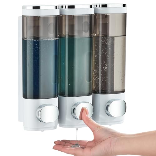 Shampoo and Conditioner Dispenser | Shower Soap Dispenser 3 Chamber No Drill, Wall Mounted Shampoo Body Wash Conditioner for Bathroom Large Capacity