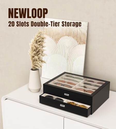 NEWLOOP Sunglass Drawer Storage Display Box for Multiple Pairs of Eyeglass | PVC Top Storage Box Women Men Jewelry Holder Leather Eyeglass Stand Eyewear Collection Case 2 Layer with 20 Slots Black