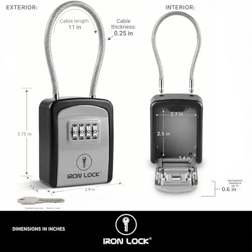 Iron Lock® Key Lock Box with Code, Portable Cable Shackle (Small, Grey) | Holds 2-3 house keys or an access card; 11-in steel cable loops on gate or rail; weather-resistant; no app or battery