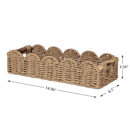 CubesLand Bathroom Basket Organizer, Toilet Decor Basket W/Cut Out Handle | Wicker Toilet Paper Storage Basket Tray, Scalloped Basket for Bathroom Countertop Decorative Also for Home Decor, Neutral