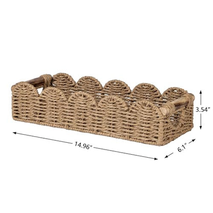 CubesLand Bathroom Basket Organizer, Toilet Decor Basket W/Cut Out Handle | Wicker Toilet Paper Storage Basket Tray, Scalloped Basket for Bathroom Countertop Decorative Also for Home Decor, Neutral