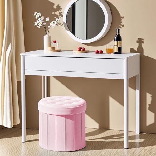 Bsketa Round Storage Ottoman, 14" Folding Velvet Foot Stool Rest,Pink | Foot Stool with Thicker Foam Padded Seat Small Velvet,Livingroom, Dorm, Bedroom, Easy to install,14 x 14 x 13in