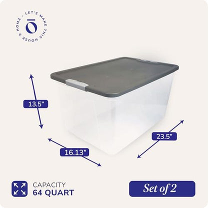 HOMZ Clear Plastic Storage Bin with Secure Latching Gray Lid, 64 Qt, 2 Pack | Heavy-Duty Stackable Containers, Large Organizer Box for Homes, Offices, and Garages