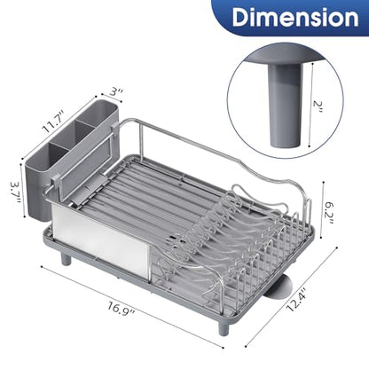 Urackify Stainless Steel Dish Drying Rack for Kitchen Counter, 16.9" x12.4" | Rustproof dish rack with utensil holder, 16.9" L x 12.4" W Large Capacity, Dish Drainer for Plates Dishes Sliverware, Grey