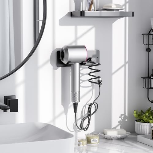 Hair Dryer Holder + Curling Iron Holder,Blow Dryer Holder Wall Mount, Bathroom Hair Tool Organizer Rack for Universal Dryer Matte Black