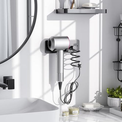 Hair Dryer Holder + Curling Iron Holder,Blow Dryer Holder Wall Mount, Bathroom Hair Tool Organizer Rack for Universal Dryer Matte Black