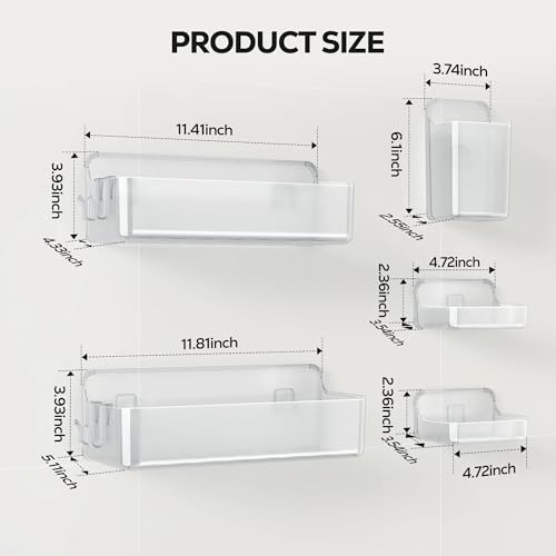 Nieifi Adhesive Shower Shelves, Clear, 5 Pieces | Rustproof ABS, Large Capacity, Removable Design, Easy-Clean, No Drilling Shower Organizer for Bathroom Storage & Home Decor