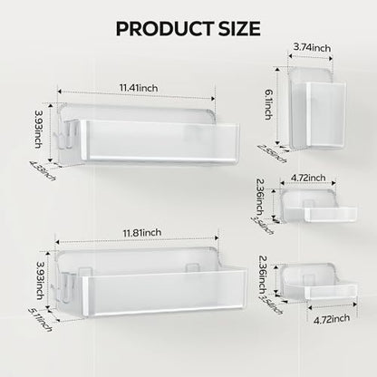 Nieifi Adhesive Shower Shelves, Clear, 5 Pieces | Rustproof ABS, Large Capacity, Removable Design, Easy-Clean, No Drilling Shower Organizer for Bathroom Storage & Home Decor
