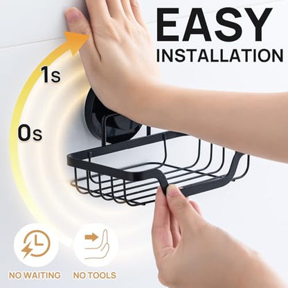 Soap Dish, Soap Bar Holder for Shower Suction Cup Wall Mounted | Stainless Steel No-Drilling Removable Waterproof Sponge Holder for Bathroom Bathtub Kitchen Sink, Keep Dry, Black