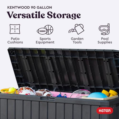 Keter Kentwood 92 Gal Outdoor Storage Box for Patio and Pool Accessories | Grey, Resin, Large, Weatherproof, Lockable, Durable, Easy Assembly, Organization, Patio Cushions Storage