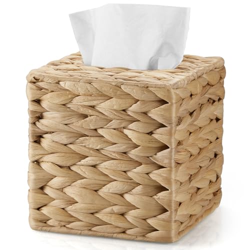 Tissue Box Cover Square, Water Hyacinth Hand-Woven Tissues Cube Box Holder, Woven Facial Tissue Holder for Bathroom Counter, Vanity, Bedroom, Office, Natural Boho Decorative