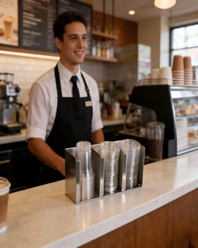 Stainless Steel Cup Dispenser,3 Compartments Cup Holder and Lid Holder with Adjustable Dividers,Cup Organizer for Kitchen Cabinets Cafe Shop Restaurant,Includes Straw Holder