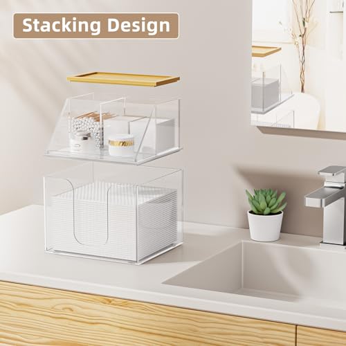 Acrylic Disposable Face Towel Holder, Clean Container for Skin Club, Clear | Bathroom Facial Towels Box for XL Clean Skin Club, Face Towels Wipes Cotton Pads Q-tip Holder for Bathroom, Bamoo Lid