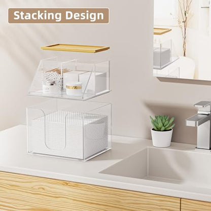 Acrylic Disposable Face Towel Holder, Clean Container for Skin Club, Clear | Bathroom Facial Towels Box for XL Clean Skin Club, Face Towels Wipes Cotton Pads Q-tip Holder for Bathroom, Bamoo Lid