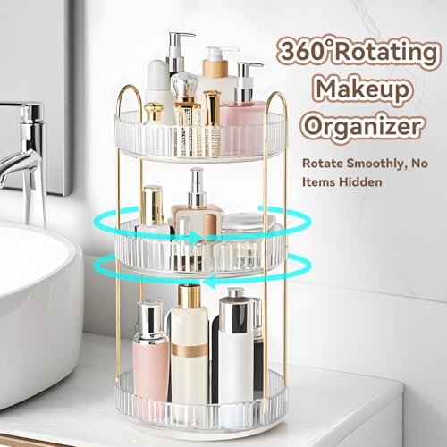 360° Rotating Makeup Organizer for Vanity, 3 Tier Perfume Organizers, Clear | Large Capacity Spinning Bathroom Countertop Organizer for Skincare Cosmetic Perfume Lipstick Nail Polish Storage