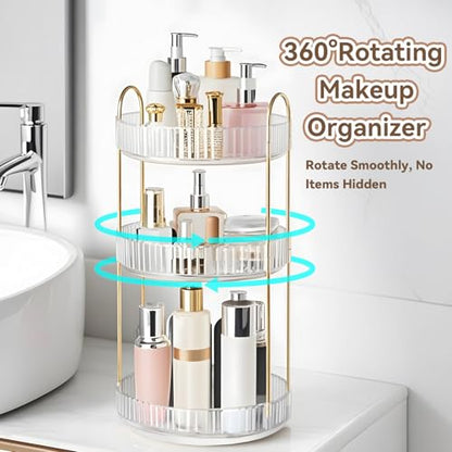 360° Rotating Makeup Organizer for Vanity, 3 Tier Perfume Organizers, Clear | Large Capacity Spinning Bathroom Countertop Organizer for Skincare Cosmetic Perfume Lipstick Nail Polish Storage