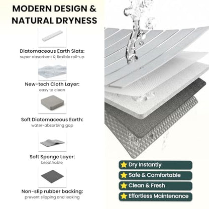 Foldable Stone Bath Mat, Non Slip Quick Dry Diatomite, Light Gray, 23.5x15 | Super absorbent surface, easy-care finish, compact storage, includes non-slip pad, shower and sink use