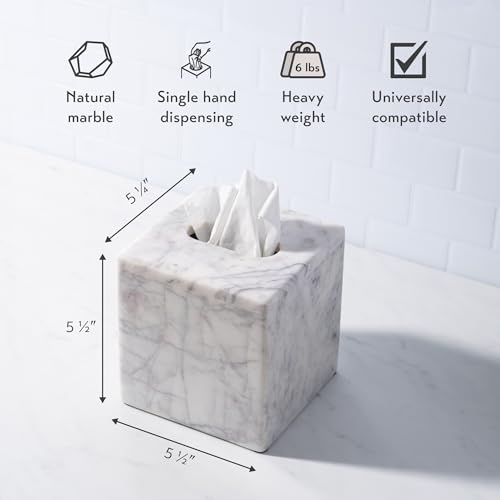 Cork & Mill Marble Tissue Box Cover for Kleenex and More, Square Cube | Real Solid White Stone, Facial Tissue Dispenser Holder for Bathroom Counter, Large Decorative Accessory Container