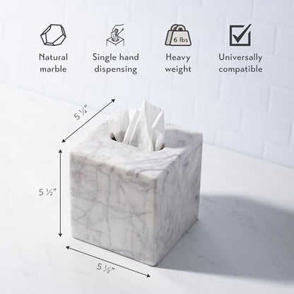 Cork & Mill Marble Tissue Box Cover for Kleenex and More, Square Cube | Real Solid White Stone, Facial Tissue Dispenser Holder for Bathroom Counter, Large Decorative Accessory Container