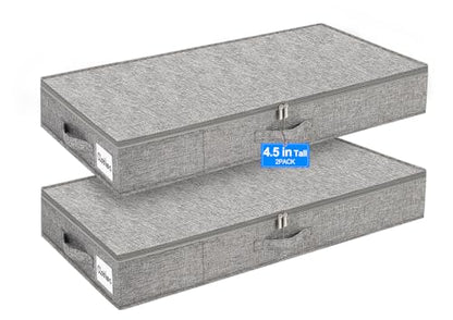 punemi 4.5 in Tall Low Profile Under Bed Storage Containers, 2 Pack, Grey | 40L Structured Clothes Organizer Bin with Reinforced Sides & Bottom, Shallow Design for Clothing & Blankets