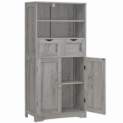Iwell Storage Cabinet with 2 Drawers & Adjustable Shelf, Tall Bathroom Cabinet with Doors, Cupboard, Kitchen Cabinets for Living Room, Dining Room, Entryway, Grey