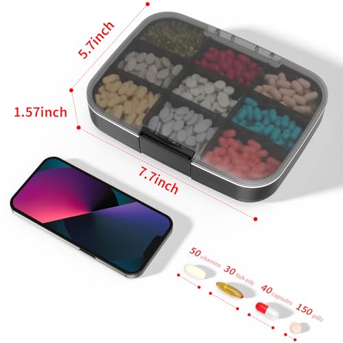 Restree Pill Organizer, Large & Moisture Proof Travel Pill Case, Adjustable Dividers for Daily Vitamins, Supplements, Fish Oil - Portable Medicine Box for Home & On-The-Go, 9 Compartment (Black)