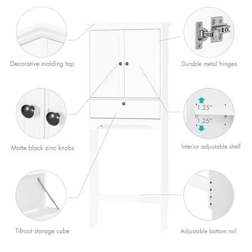 Spirich Bathroom Over the Toilet Storage Cabinet with Tilt-Out Cube, White | Space-saving Organizer for Small Bathrooms, Doors Conceal Clutter, Adjustable Shelf, Anti-Tip Device, Engineered Wood