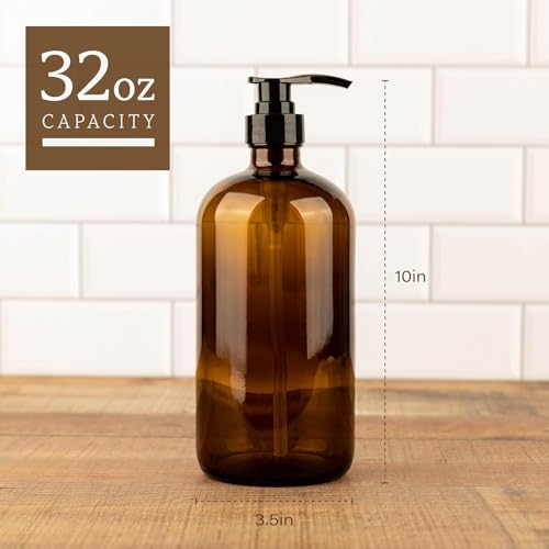 32 Ounce Glass Large Soap Dispenser - Refillable Shampoo and Conditioner Bottle with Pump for Shower and Bath - 1 Liter Shower Bottle- by Kitchentoolz