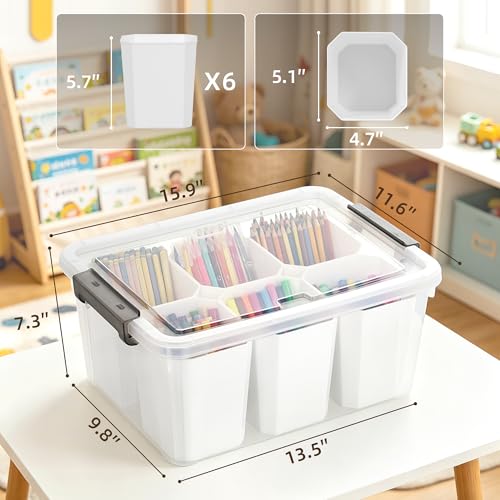 Citylife 17QT Craft Organizers and Storage bins with Lids, Marker Organizer | Clear Plastic, Art Supply Organizer for Markers, Crayons and Crafts, 6 Detachable Inserts, Versatile Stackable, No Assembly