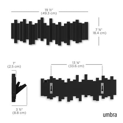 Umbra Sticks Wall Mount Coat Rack, 5 Hook Retractable Pegs, Black | Mounting hardware included, sculptural modern design, entryway or bedroom use, recycled plastic