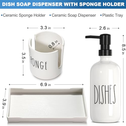 Dish Soap Dispenser for Kitchen, Ceramic Dish Soap Dispenser with Sponge Holder, White Dispenser Set with Tray, 3 in 1 Countertop Sink Organizer, Farmhouse Modern Kitchen Decor