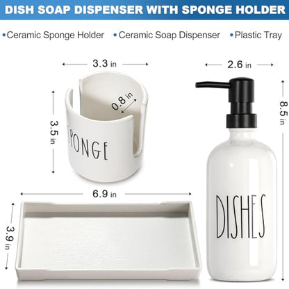 Dish Soap Dispenser for Kitchen, Ceramic Dish Soap Dispenser with Sponge Holder, White Dispenser Set with Tray, 3 in 1 Countertop Sink Organizer, Farmhouse Modern Kitchen Decor
