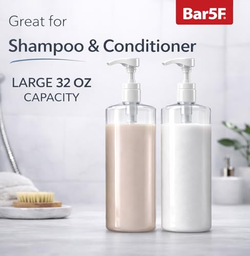Bar5F Pump Bottle (2-Pack 32-Ounce 1-Liter) Empty for Shampoo Conditioner Body Wash Lotion BPA-Free Crystal-Clear